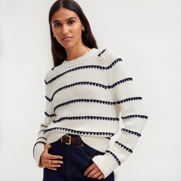 Madewell Textured Cotton Crewneck Sweater Stripe Ivory Navy XS Cozy Knit Chunky - Picture 9 of 10